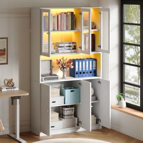Glasvitrine/Bücherregal 100×35×200 cm – mit LED-Beleuchtung – offene Regalböden und 6 Türen – MDF – weiß