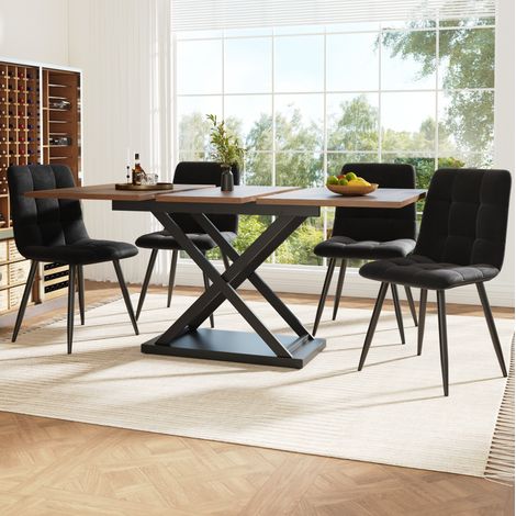 FLORAGRACE Ensemble repas 5 pièces extensible pour 4 personnes, table de salle à manger en MDF 120-160×80×75 cm avec 4 chaises en velours noir (1/5)