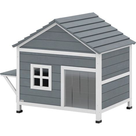Maison pour chats en bois à deux étages avec toit imperméable ouvrant et plateforme latérale. Dimensions 101x72,5x81 cm, couleur gris (1/5)