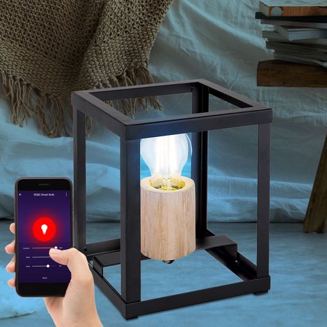 Tischleuchte Holz Tischlampe schwarz Industriell Beistellleuchte Wohnzimmer, CCT App Steuerung, Smart RGB LED 15W 1300Lm, LxBxH 17x17x20 cm