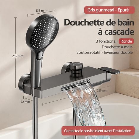 Mitigeur de baignoire mural cascade en laiton gris pistolet avec ensemble douchette ronde réf 0867 64 × 35 × 13 cm 3 kg – Livraison gratuite