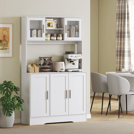 Buffet de Cuisine - 108x180x35cm - Vaisselier Garde-Manger Scandinave avec Portes en Verre et Niche Micro-ondes - Blanc (1/5)