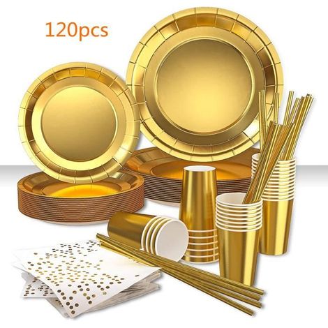 120 pièces Vaisselle jetable or, assiettes et gobelets résistants, serviettes et pailles en papier éco, pour anniversaires et mariages