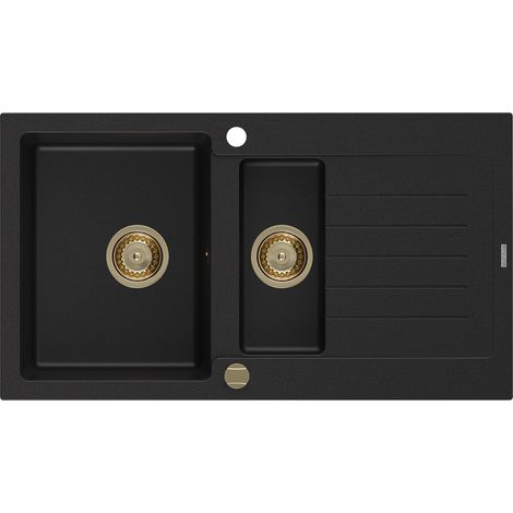Mexen Matias 1,5-Becken-Granitspüle mit Abtropffläche 900 x 505 mm, Schwarz, Siphon Gold - 650290150 (1/5)