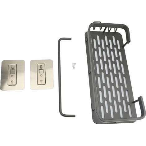 Étagère douche adhésive aluminium organisateur – Rack crochets serviettes mural salle bain cuisine 2 niveaux gris, salle de bain (1/5)