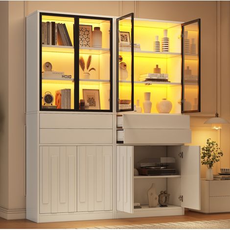 Vetrina espositiva Bluetooth a LED da 140x34x180 cm con 4 cassetti e ante in vetro temperato, in truciolato bianco opaco (1/5)