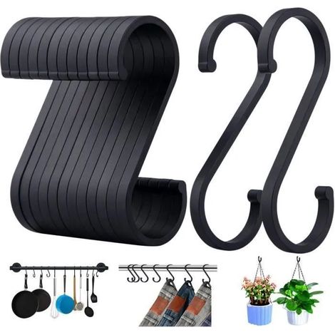 Crochet S, Crochets en Aluminium en S de Suspendus, pour Cuisine, Chambre à Coucher, Bureau et Jardin -12 Pcs Noir (1/4)