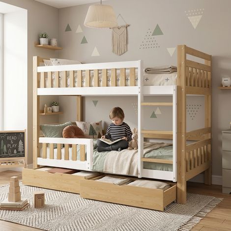 Litera infantil 90x200 cm blanca y madera natural, convertible en 2 camas individuales, con escalera, barandilla y 2 cajones, estructura de pino, sin colchones (1/5)