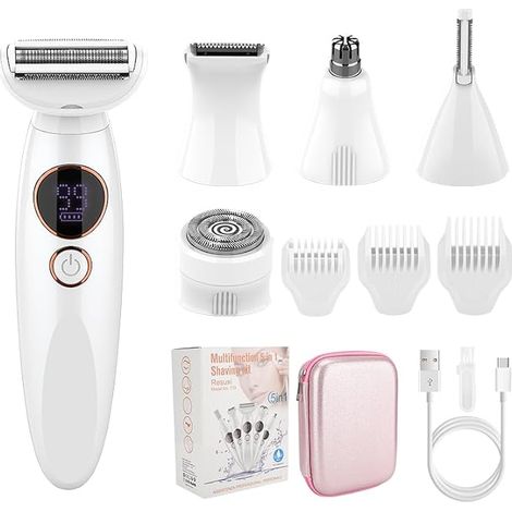 Women's Electric Shaver, 5 in 1 Multifunctional Hair Removal and Grooming, 5 Accessories (Body/Face/Eyebrows/Nose/Ears), Electric Shaver with LED Display (1/5)