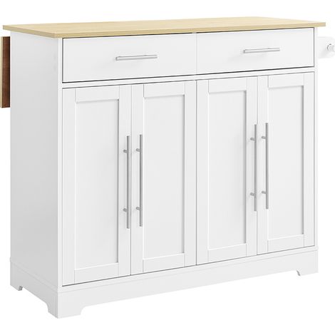 SoBuy Carrello Cucina con Ruote, Isola Cucina con Piano di Lavoro Estensibile in Legno, 2 Cassetti e Ripiani Regolabili Mobile Salvaspazio per Mobili da Cucina, Bianco, L113 x P91 x H(44-69) FKW129-WN