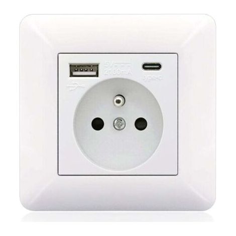 Pannello prese francese Type-C + USB 16A Type 86, numero di prese: 2 fori, numero di porte USB: 1, numero di porte Type-C: 1, sicuro e stabile (arco bianco)