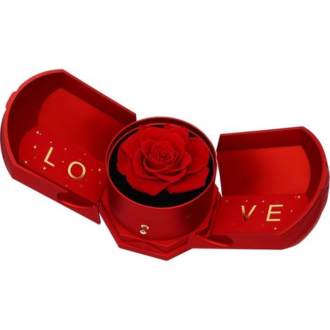Eternal Rose Ring Box, Multifunctional Jewelry Box, Small Drawer Box for Rings, Necklaces and Earrings, Ideal for Birthdays, Anniversaries and Weddings (L Red) (1/5)