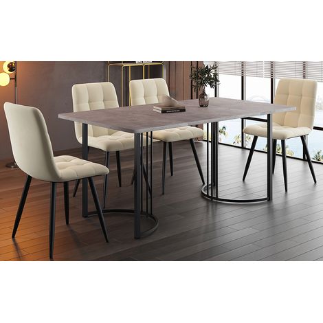 Ensemble salle à manger 5 pièces,table 140×80cm plateau MDF gris pieds métalliques noirs et 4 chaises velours beige.