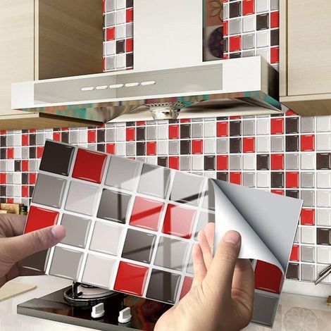 24 Pièces Rectangle Adhésive Décorative à Carreaux pour Salle de Bains et Cuisine Stickers Carrelage, Motif Marbre Mosaïque Imperméables Adhésive Décoration (Rouge Mosaïque,24Pièces) (1/5)