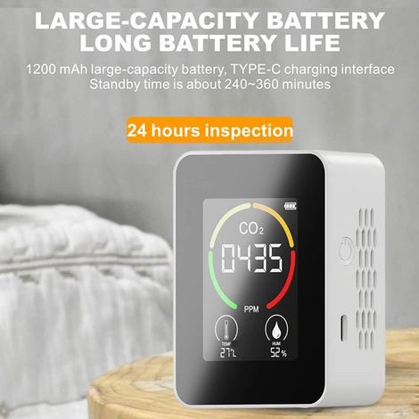 3-in-1 Indoor Air Quality Monitor - CO2 meter - Luchtkwaliteitsmeter - Met hygrometer en thermometer - Draagbaar & USB oplaadbaar - Luchtkwaliteitstest voor thuis, kantoor, school, hotel en auto - Zwa (1/5)
