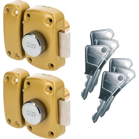 Lot de 2 Verrous de porte Bouton/Cylindre - Ouverture avec clé identique - Verrou à Bouton intérieur, Clé extérieur - Cylindre ø 23mm, Longueur 45mm, 5 goupilles - 67600MN/SC - 6 clés