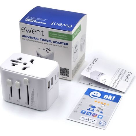 EWENT ADAPTADOR UNIVERSAL DE VIAJE+2USB Y 3USB-C