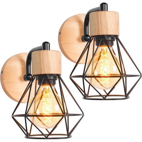 Set of 2 Wall Sconces, Metal and Wood, E27, Adjustable, Indoor, Living Room, Kitchen (1/5)
