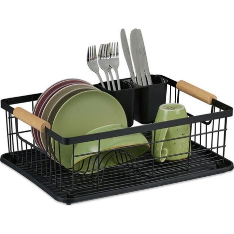 Égouttoir, panier à couverts et plateau de séchage, égouttoir à vaisselle de cuisine, plastique, métal, noir (1/4)