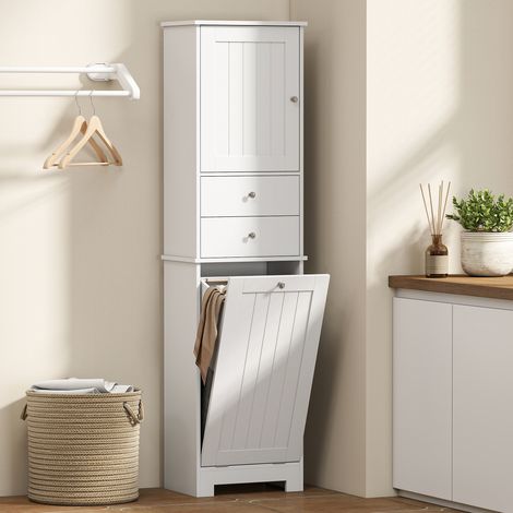 Mobile Bagno con Cesto per Biancheria Pieghevole, Armadietto e 2 Cassetti, in Legno, 45x30x171 cm, Bianco