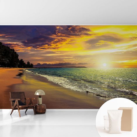 Papier peint avec colle pour décoration moderne de salon chambre à coucher cuisine et bureau Facile Plage au coucher du soleil 416x254 cm (1/5)
