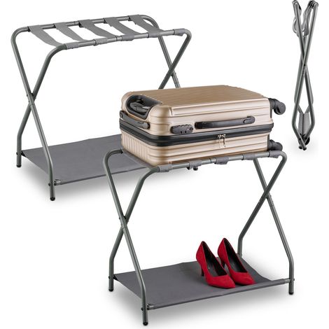 Relaxdays Kofferständer, 2er Set, klappbar, Gepäckständer mit Ablage, HBT: 58x66x38 cm, Kofferablage, Hotel, Stahl, grau