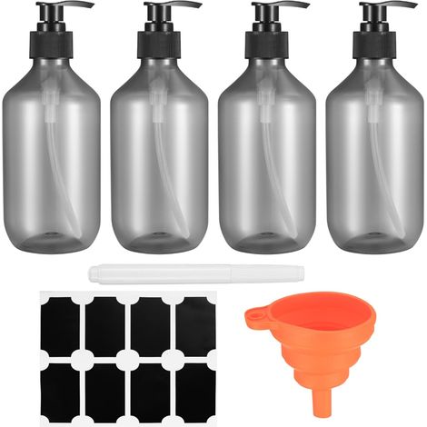 4 Flacons à pompe, 300 ml, PET, Transparent noir, Rechargeables, Savon, Lotion, Cuisine, Salle de bain (1/5)