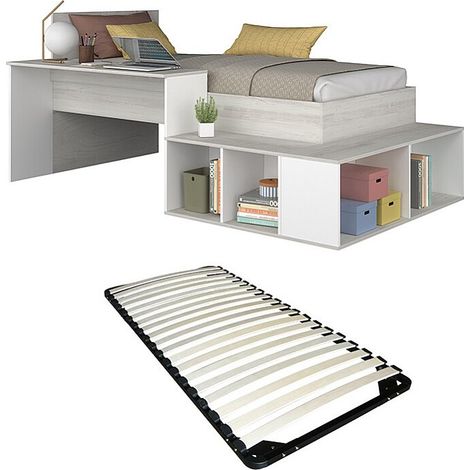 Vente-Unique – Lit combiné 90 x 200 cm avec bureau et rangements – Panneau de particule mélaminé – Charge maximale 75 kg – Éco-responsable fabriqué en Europe