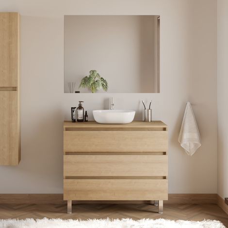 Meuble de salle de bain 100cm avec plateau et vasque à poser arrondie - 3 tiroirs - nebraska (chêne clair) - MAYOR