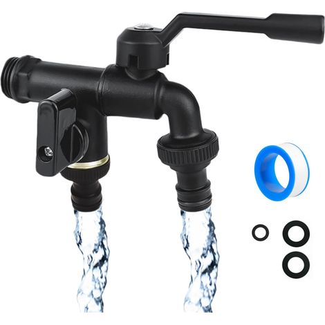 Robinet Exterieur Jardin à Double Sortie avec Entrée 1/2", Laiton  Répartiteur de Tuyau 2 Voies avec 2 Sorties 3/4", Joints et Ruban, Haute Résistance Antigel, pour Arrosage, Jardin, Industrie (1/5)