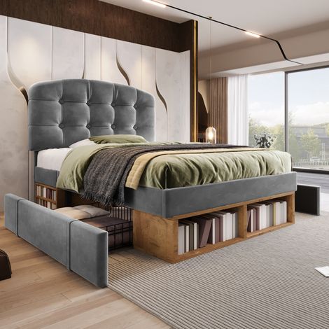 Lit simple capitonné 90x200 cm en velours avec sommier à lattes - Tête de lit réglable - Tiroirs de rangement - Gris sans matelas