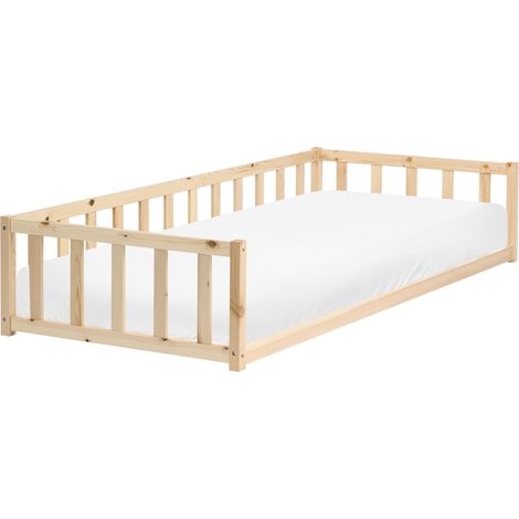 Kids Floor Bed Light Brown Pine Wood EU Single Size 3ft with Slatted Frame Bed for Toddler AURIBEAU