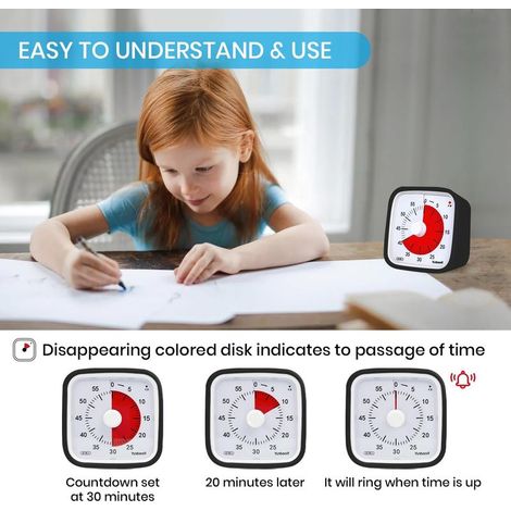Visueller Timer mit Schutzhülle, verbesserter 60-Minuten-Countdown-Timer für Kinder und Erwachsene mit Batteriewarnfunktion, geräuschloses Zeitmanagement-Tool (Schwarz) (1/4)