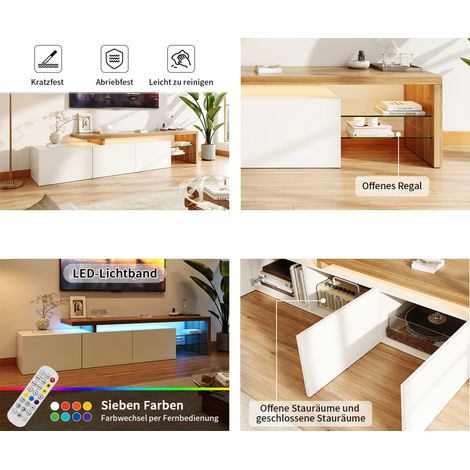 Meuble tv, Meuble tele, Meuble TV Moderne – Meuble Télé Élégant avec Design en Bois, Finition Blanc Brillant, Étagères en Verre et LED, Espace de Rangement Pratique — vue 3