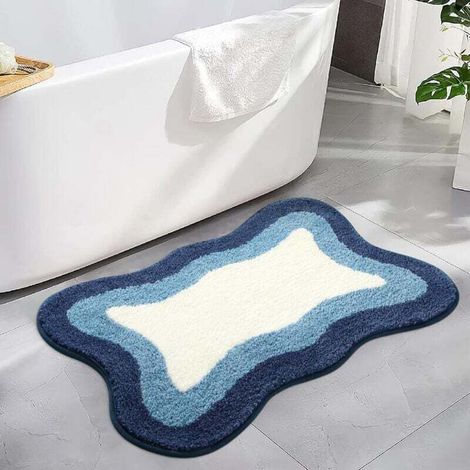 Tapis de bain/de porte/de douche ultra-doux, antidérapant, bleu, de forme irrégulière, lavable, 60 x 40 cm (1/4)