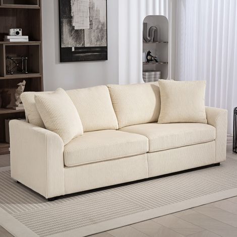 Dreisitzer-Sofa, 212 cm breit, mit zwei Federkernkissen, Cordbezug, für Wohnzimmer, Schlafzimmer, Homeoffice, cremefarben