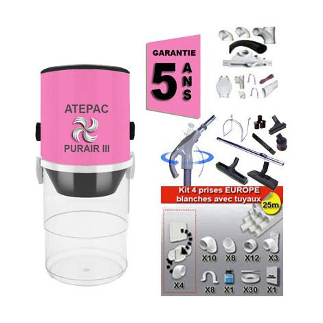 Aspiration centralisée ATEPAC PURAIR III (jusqu'à 250 M²), Garantie 5 ans + Set inter 9 M + 8 accessoires + kit 4 prises + kit prise balai + kit prise garage (1/5)