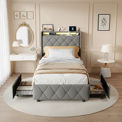 Letto singolo 90x200 cm con LED e porta USB, 2 cassetti contenitore, letto per ragazzi in tessuto di lino, rete a doghe inclusa - Grigio