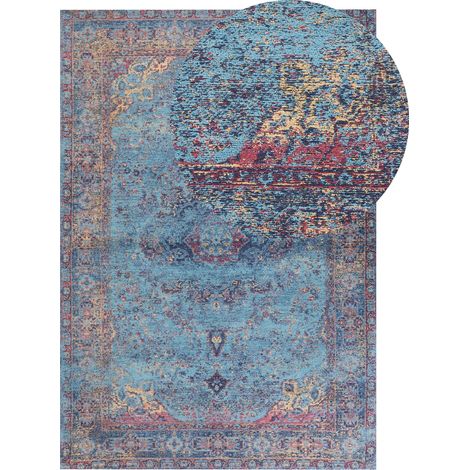 Tapis Bleu en Coton 160 x 230 cm à Motif Oriental Effet Vieilli Vintage Kansu (1/5)
