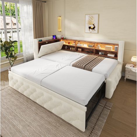 Sofá cama extensible 90 x 190 cm con almacenaje, LED, USB y Type-C, beige DESVIAE (1/5)