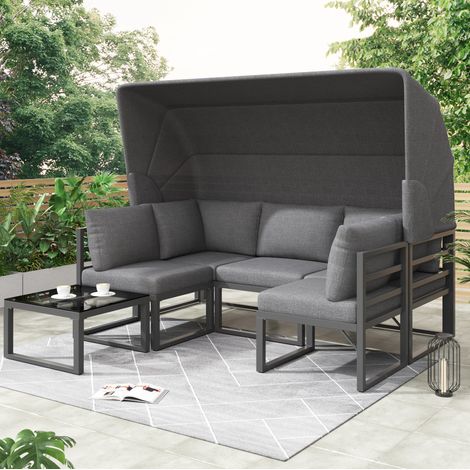 Conjunto de jardín de hierro galvanizado gris con sofá 3 plazas, 2 sillones, mesa de centro y toldo plegable (1/5)