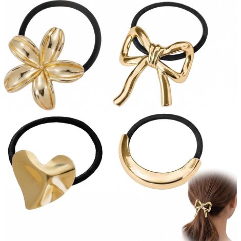 4 Pcs Bijoux Cheveux Femme, Attache Cheveux Métal Doré avec Élastique, Accessoire Cheveux pour Queue de Cheval, Design Fleur de Frangipanier, Nœud, Cœur et Double Tube (1/5)