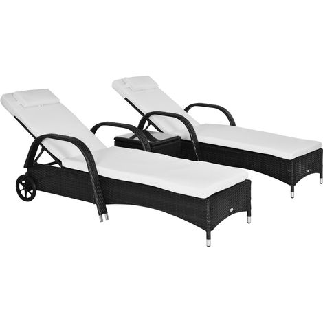 Sonnenliege Gartenliege Tisch 3Er-Set Gartenmöbel, Polyrattan+Metall Schwarz+Cremeweiß
