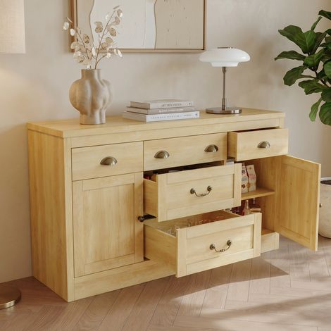 BLANKETSWARM - Buffet 130 cm avec 2 portes et 5 tiroirs Meuble de Rangement - Pieds en métal - Style campagnard - Rangement pour salle à manger, salon, cuisine, 160x35x80 cm, Naturel
