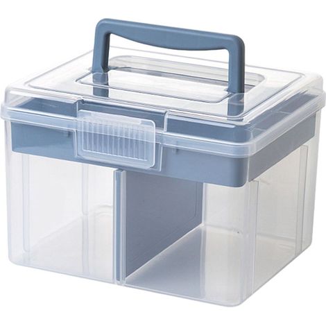 Boîte de rangement multifonctionnelle pour service,portable et à double compartiment transparent.Petite boîte de rangement bleue (1/5)