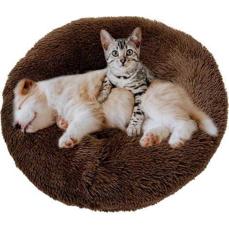 Lit Moelleux Rond Panier pour Chats et Chien, Extra Large Lavable Coussin, Panier Chien Donut, Confortable Lavable Lit pour Animaux, (80cm Marron)