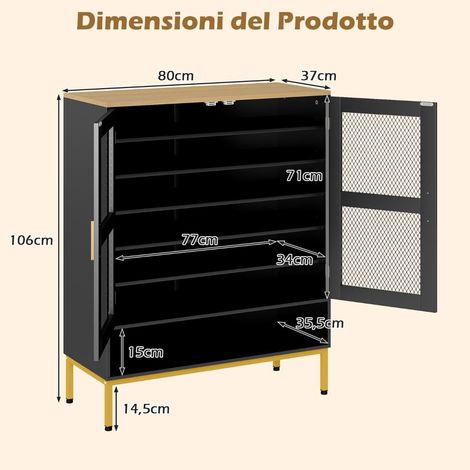 Meuble à chaussures noir à 7 niveaux avec étagères réglables, portes grillagées et pieds métalliques pour entrée et couloir (1/5)