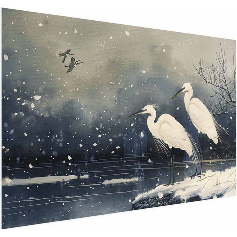 Poster - Aironi presso lo stagno invernale - Illustrazione in stile giapponese con colori scuri (1/4)