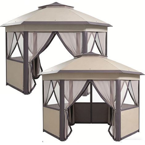 2er-Set gartenpavillon Faltpavillon 4x4m Pop-Up-Zelt Partyzelt mit Tragetasche und 6 Seitenteilen, Doppeldach sechseckig in Kaffee und Beige