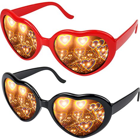 Lunettes à effet de coeur, 2 pièces 3D lunettes de coeur lunettes de diffraction pour déguisements musique bar de fête en plein air feux d'artifice (noir et rouge)